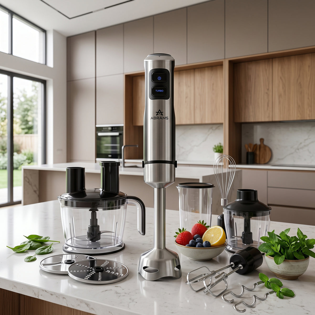 Blender ręczny wielofunkcyjny 12W1 Abrams 1500W — szatkownica, malakser, 12 końcówek, ostrza tytanowe