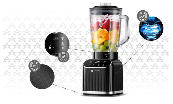 czarny blender kielichowy abrams z owocami w środku i pokazanymi trybami bezpieczeństwa